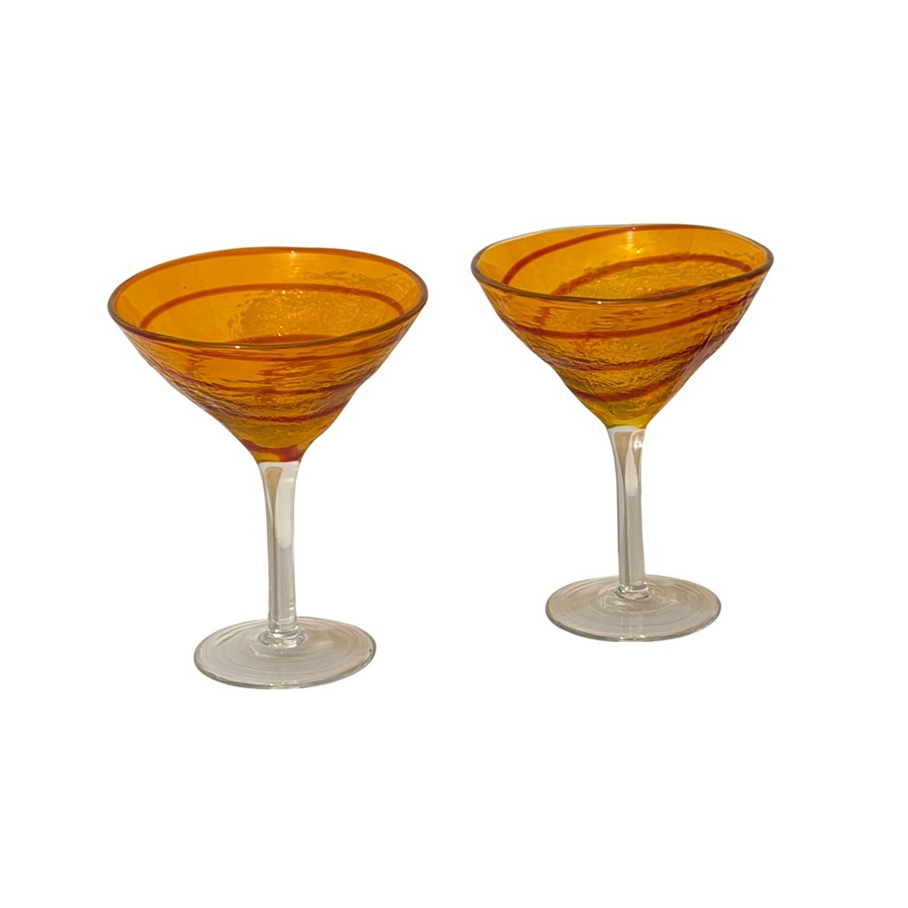 Vintage Pier 1 Martini Glasses  Amber Orange Red Spiral Art Glass Set of 2